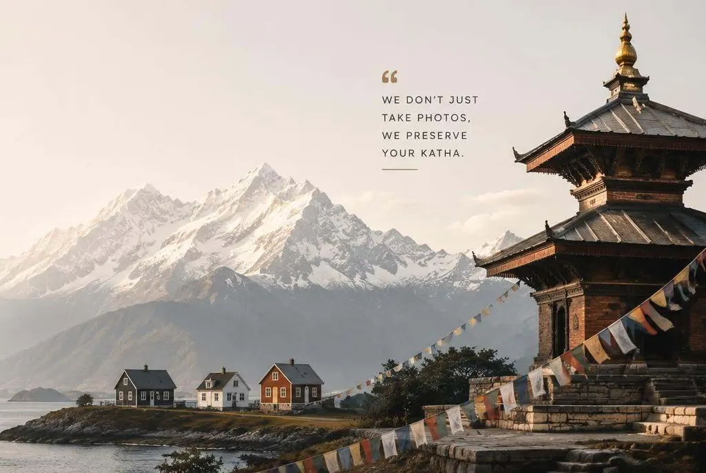 Himalayan peaks meet a Nepali temple with prayer flags and Norwegian coastal houses — Katha Foto